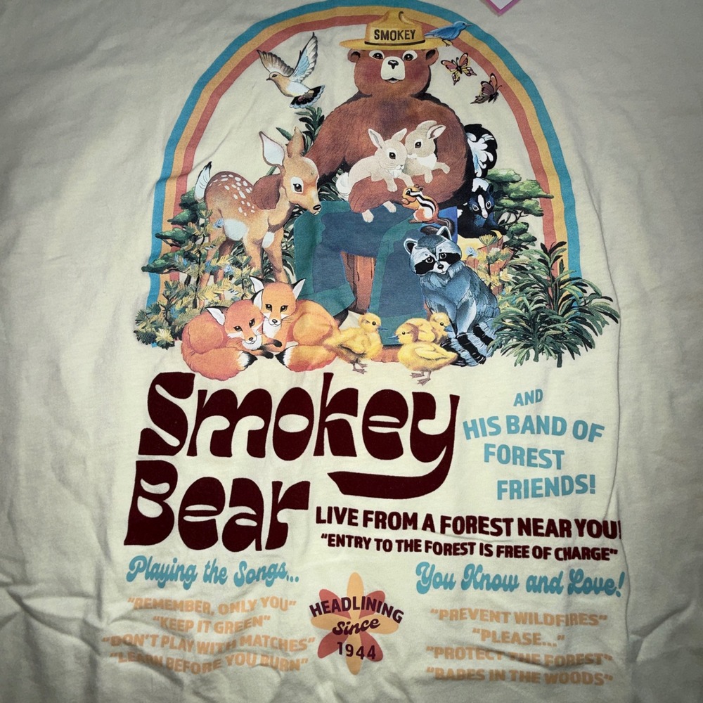 Smokey Bear Graphic T-Shirt Women L NEW Band of Forest Friends Light Yellow Tee